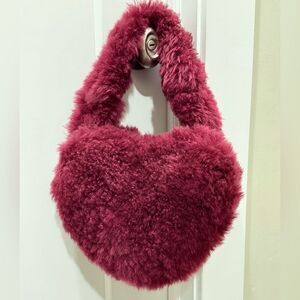Maroon Handmade Dyed Genuine Shearling Heart Shaped & Fur Strap Bag, Crossbody